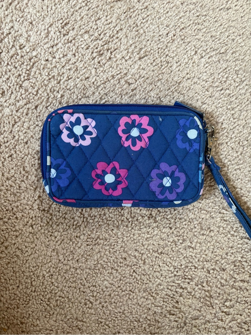 Vera Bradley Quilted Kids Wristlet in Navy with Pink & Purple Flowers